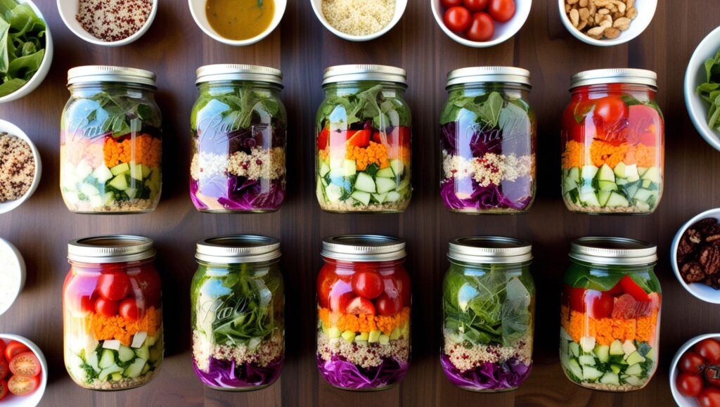 Jars of healthy salads that have been meal prepped.